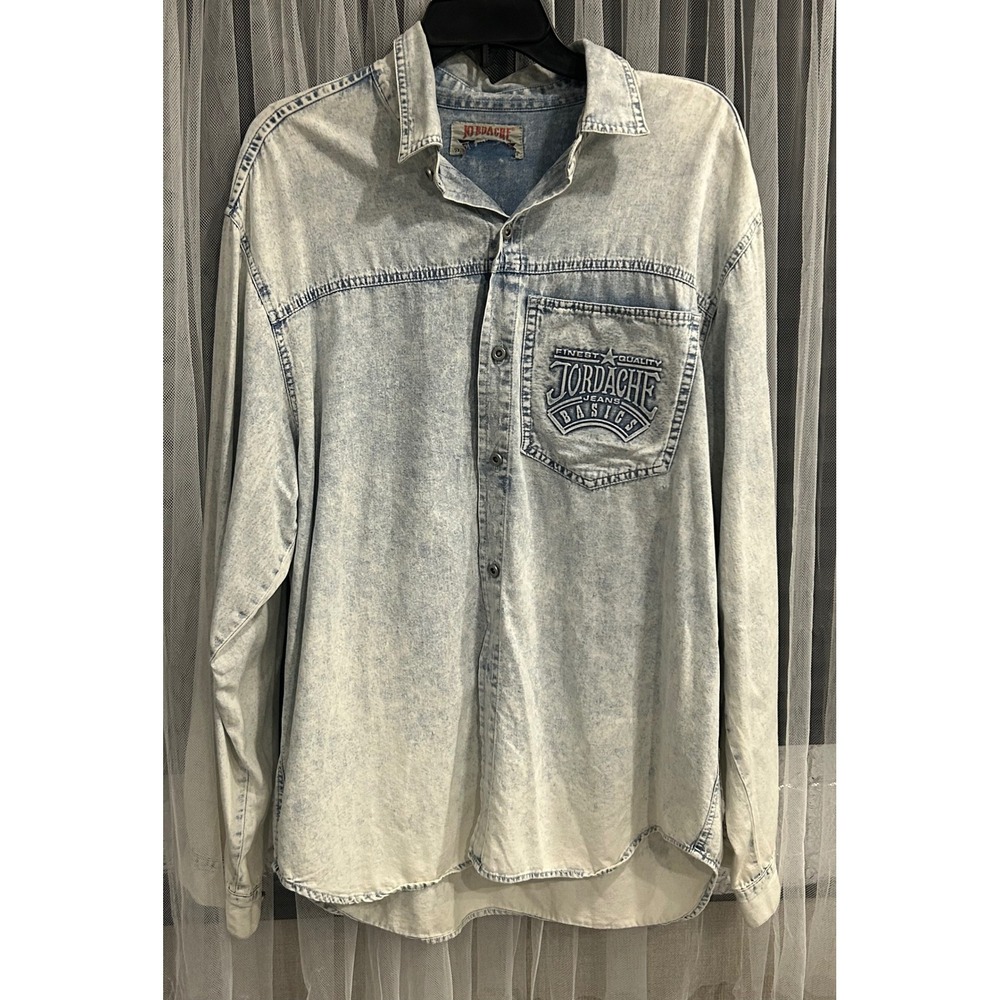 Vintage Jordache Basics Acid Wash Denim Button Down Shirt Mens XL Blue 90s #132